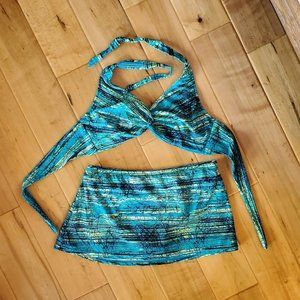 SUNSETS STRIPED BLUE YELLOW SKIRTED BIKINI SET - 36D TOP LARGE BOTTOM